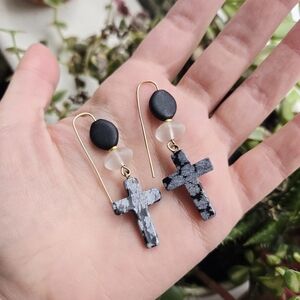 Vintage Pair of Snowflake Obsidian Cross Hook Dangle Drop Earrings